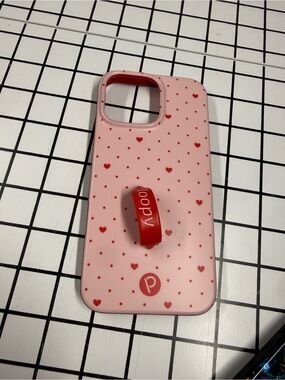 Pink Heart Pattern Loopy Phone Case with Red Ring Holder iPhone 16 pro max
